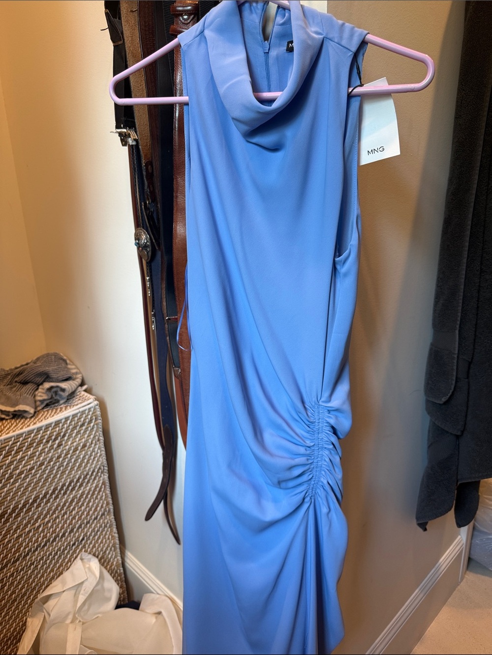 Mango Sleeveless Cowl Neck Midi Dress in Periwinkle Blue